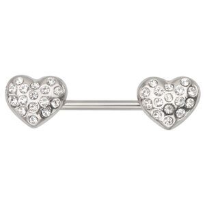 Gem Covered Heart Nipple Ring 14G Stainless Steel Barbell - Single Bar Only